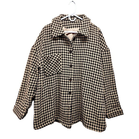 Houndstooth Button-Up Long Sleeve Coat Jacket 2XL Black & Beige - Picture 1 of 12